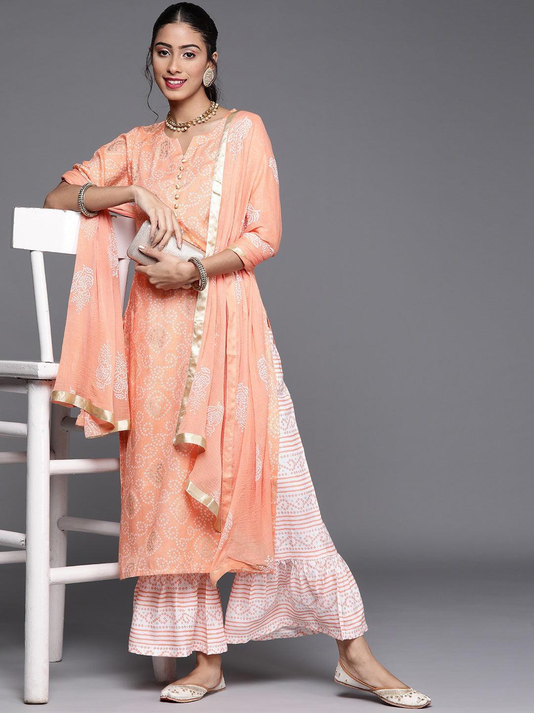 Orange Printed Viscose Rayon Suit Set