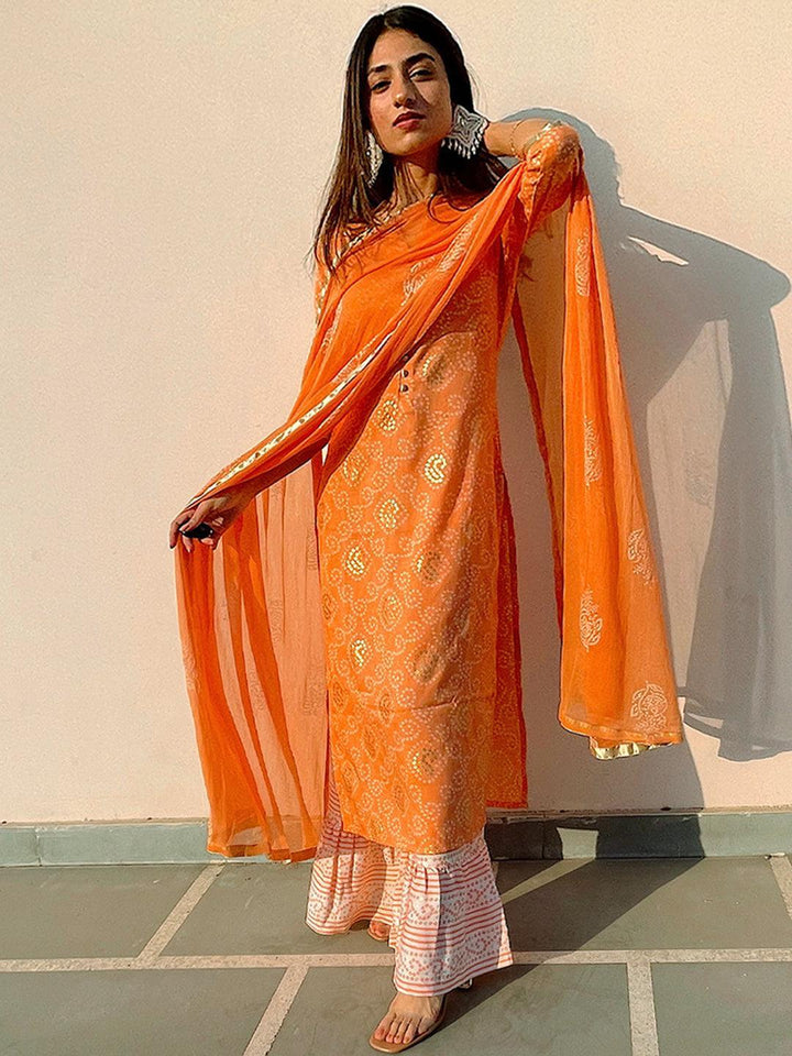 Orange Printed Viscose Rayon Suit Set - ShopLibas