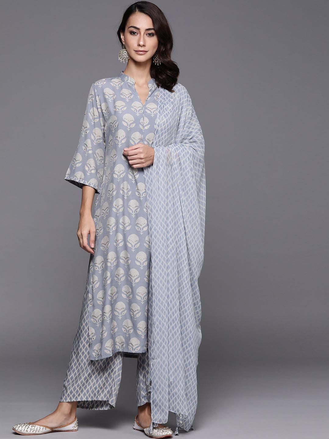 Blue Printed Silk Blend Suit Set