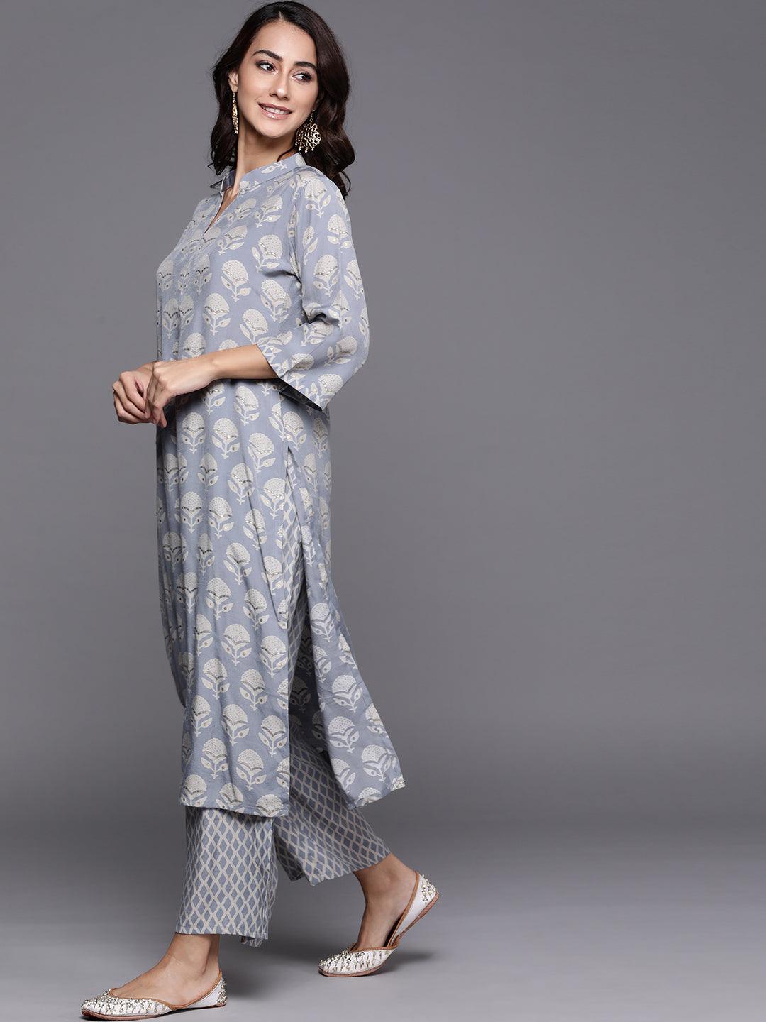 Blue Printed Silk Blend Suit Set - ShopLibas