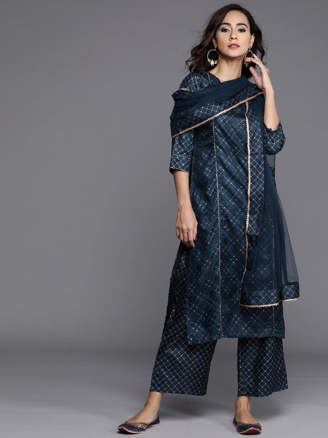 Blue Printed Silk Blend Suit Set