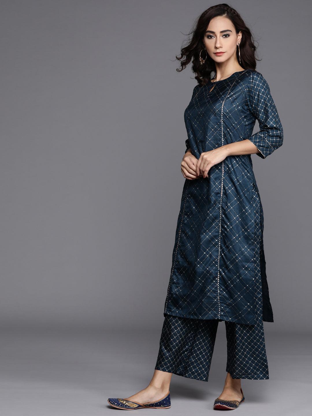 Blue Printed Silk Blend Suit Set