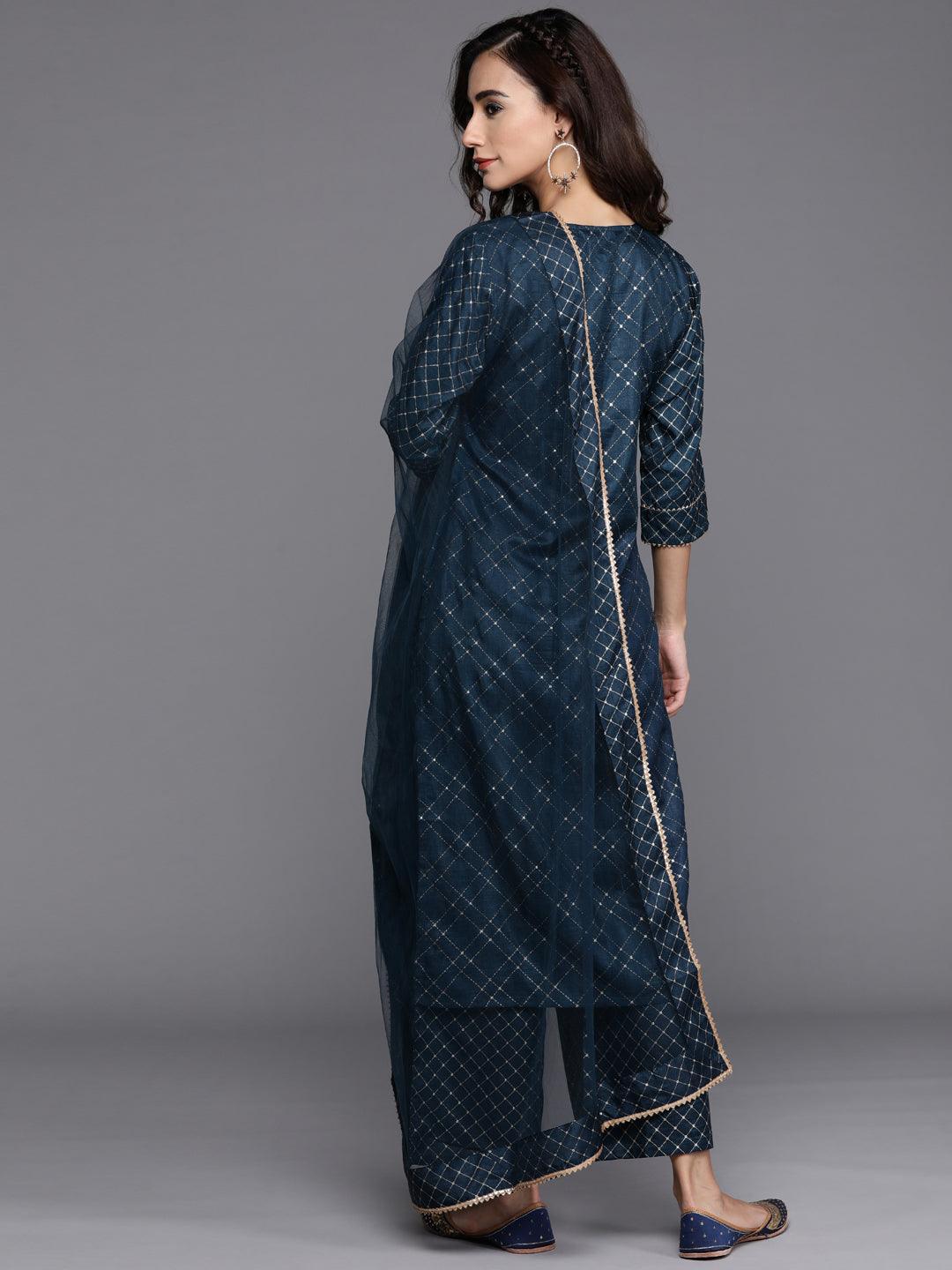 Blue Printed Silk Blend Suit Set - ShopLibas