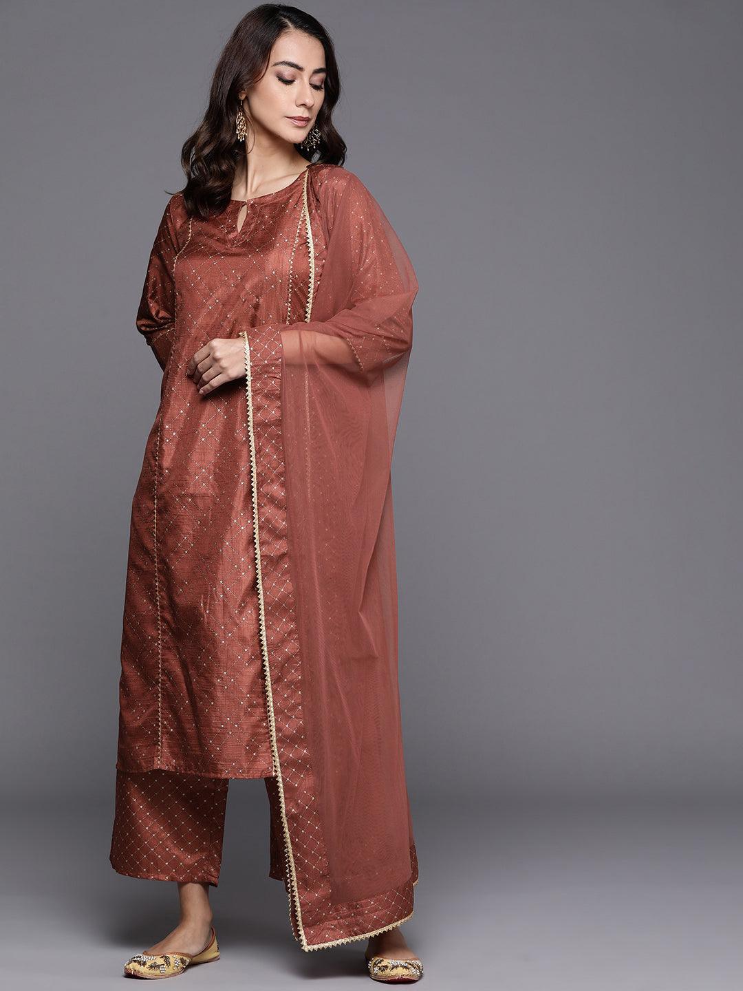 Brown Printed Silk Blend Suit Set - ShopLibas