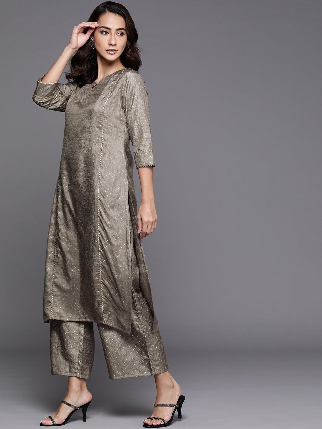 Grey Printed Silk Blend Suit Set - ShopLibas