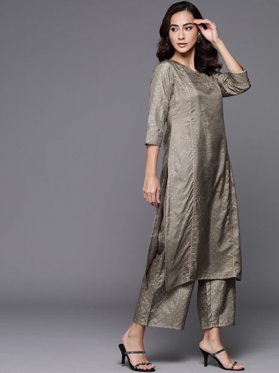 Grey Printed Silk Blend Suit Set - ShopLibas