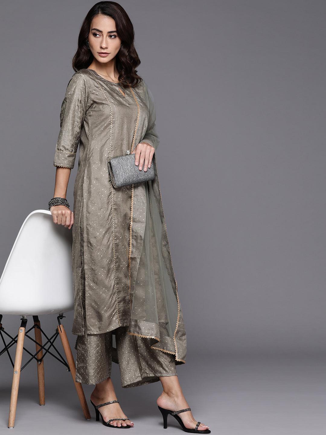 Grey Printed Silk Blend Suit Set