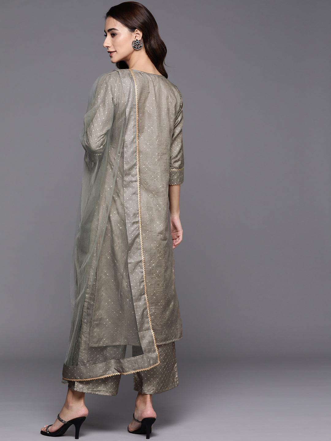 Grey Printed Silk Blend Suit Set