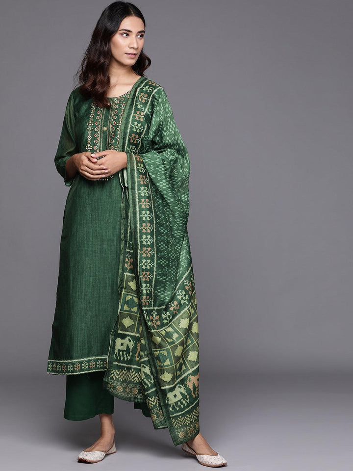 Green Embroidered Chanderi Silk Suit Set - ShopLibas