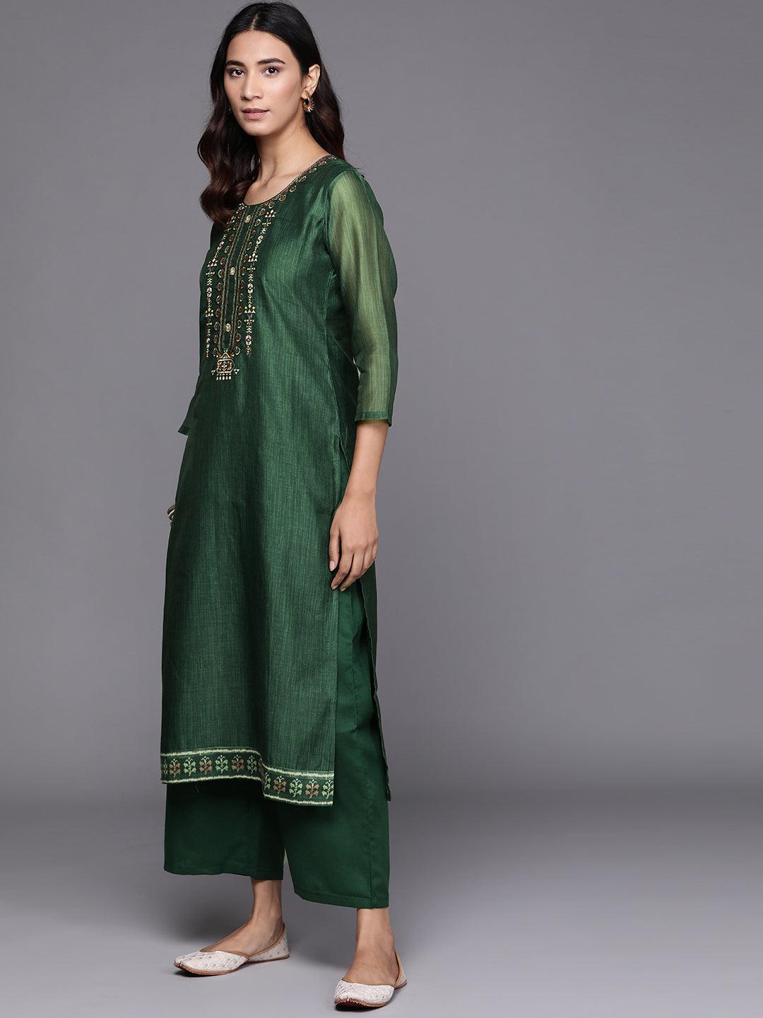 Green Embroidered Chanderi Silk Suit Set