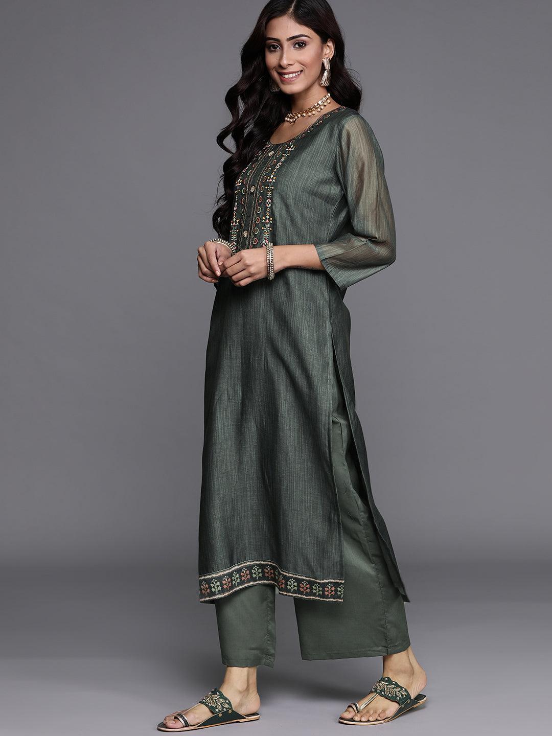 Green Embroidered Chanderi Silk Suit Set