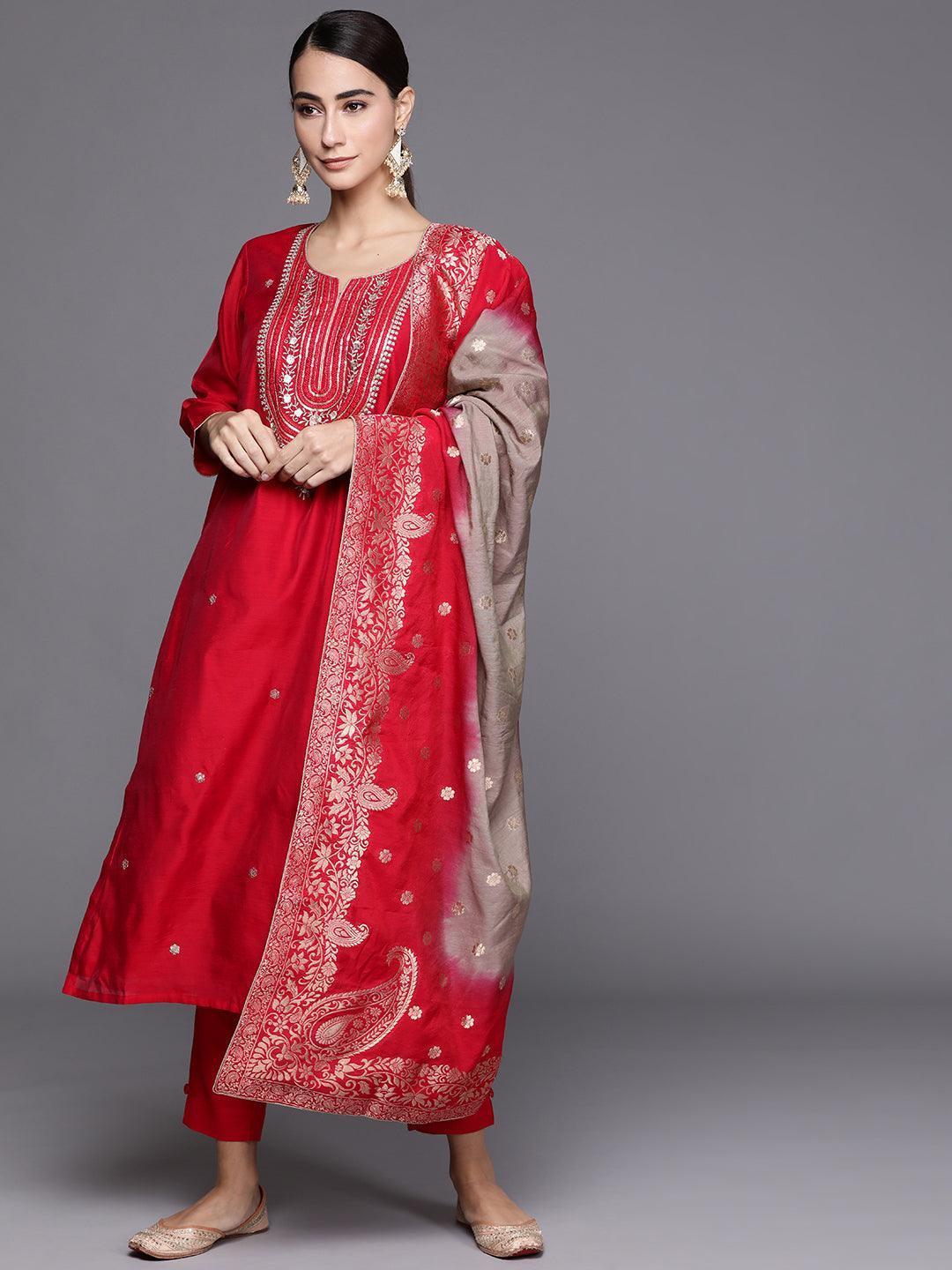 Red Embroidered Chanderi Silk Suit Set