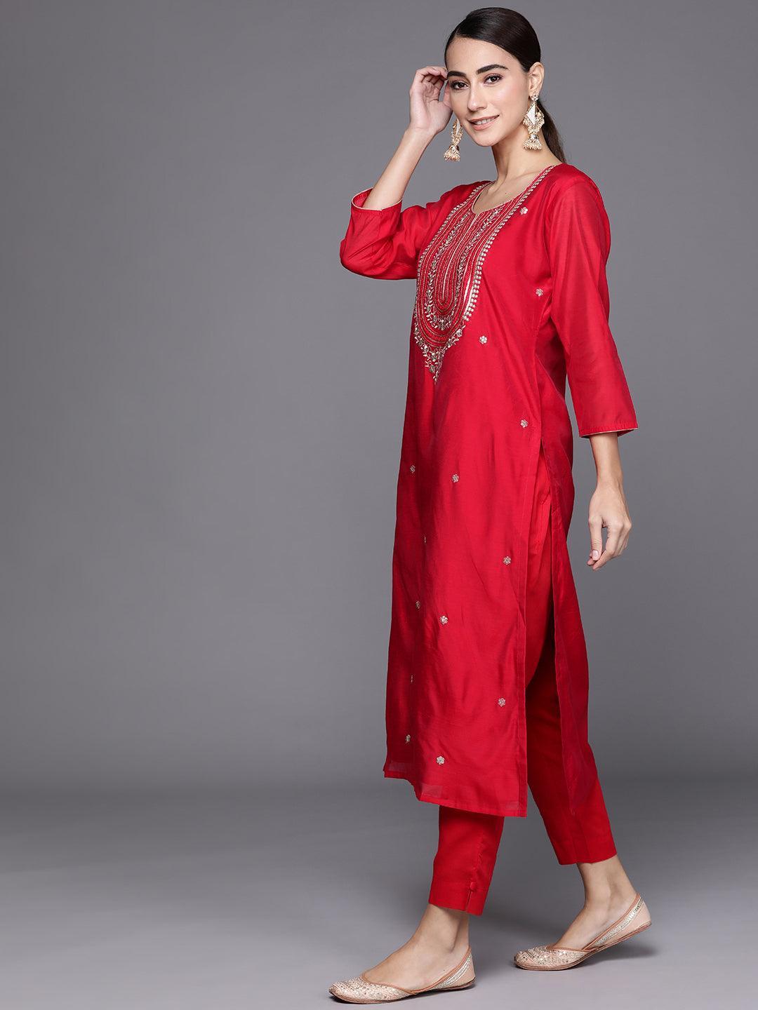 Red Embroidered Chanderi Silk Suit Set