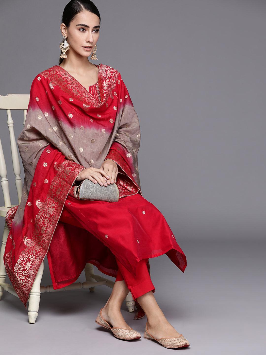 Red Embroidered Chanderi Silk Suit Set