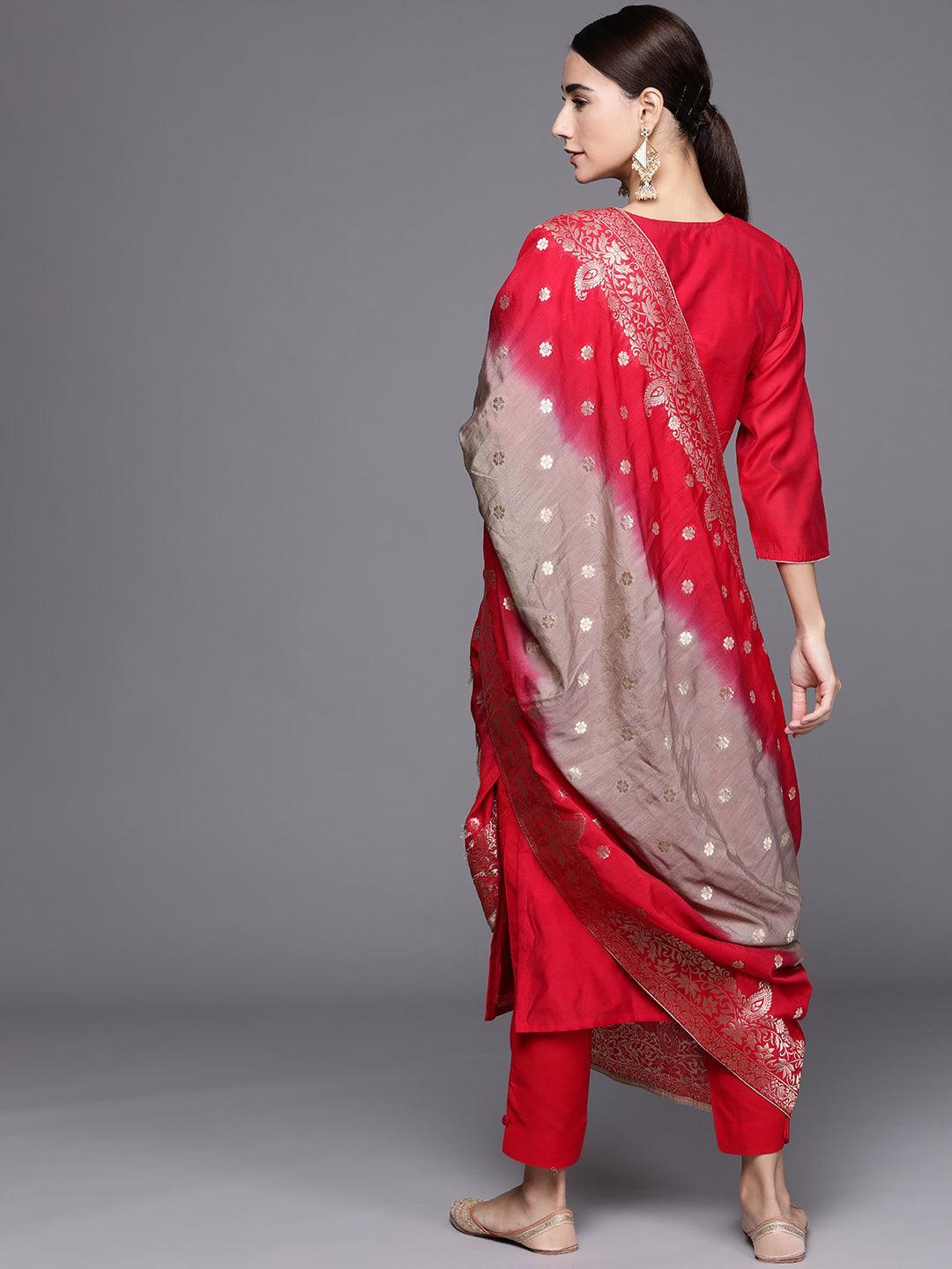 Red Embroidered Chanderi Silk Suit Set