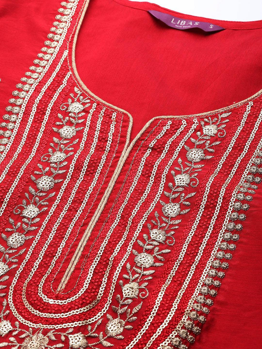 Red Embroidered Chanderi Silk Suit Set