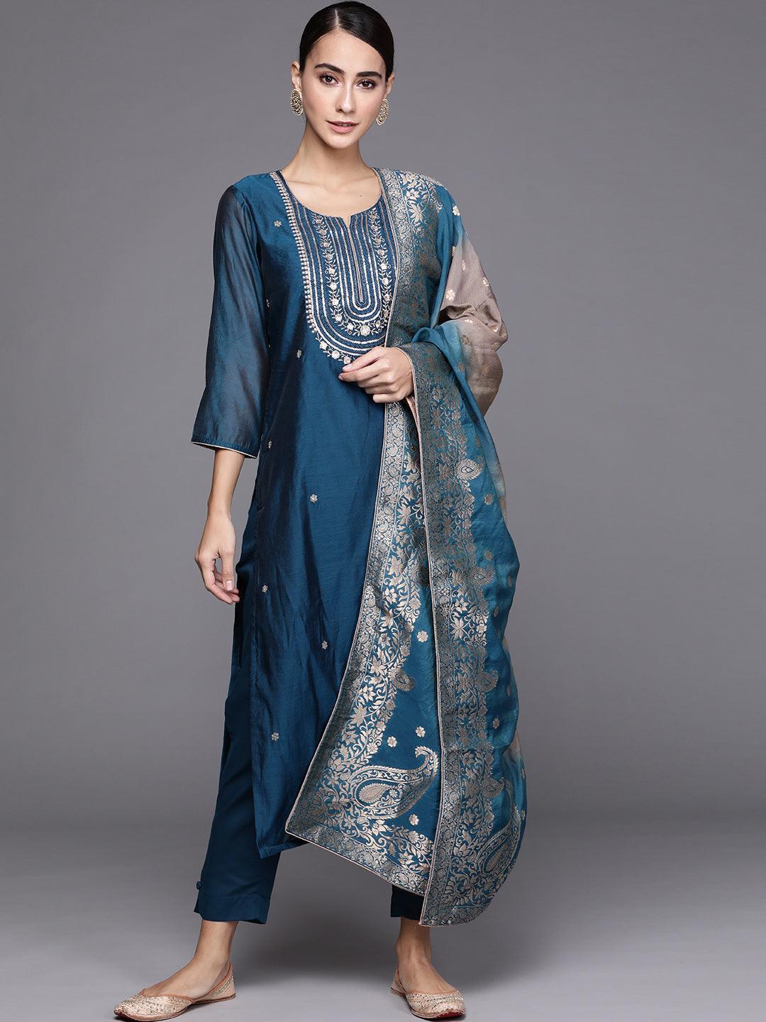 Blue Embroidered Chanderi Silk Suit Set