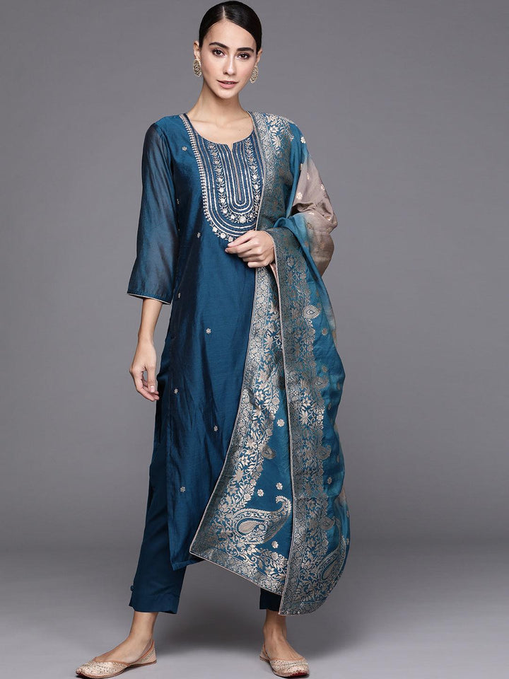 Blue Embroidered Chanderi Silk Suit Set - ShopLibas