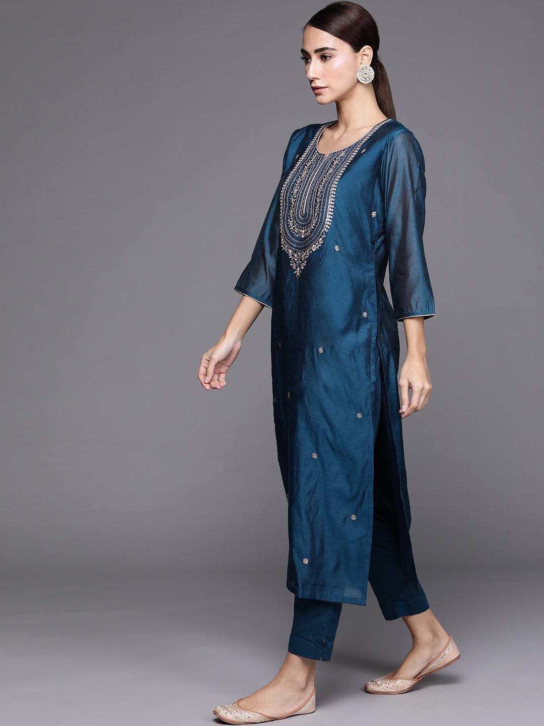 Blue Embroidered Chanderi Silk Suit Set