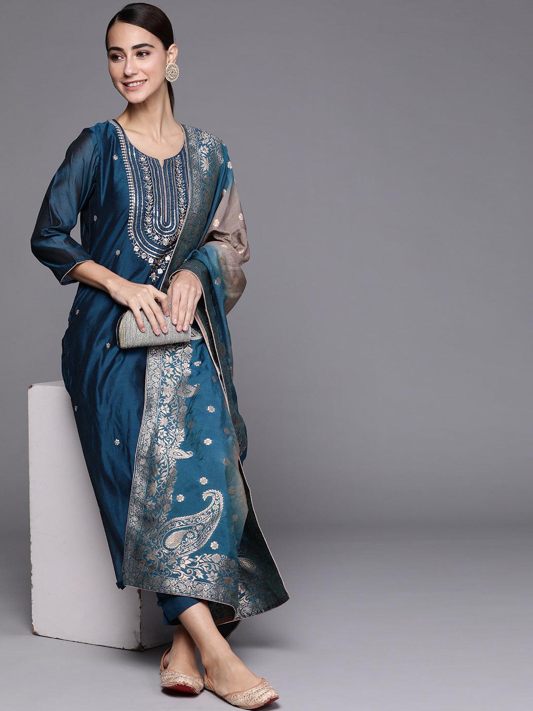 Blue Embroidered Chanderi Silk Suit Set