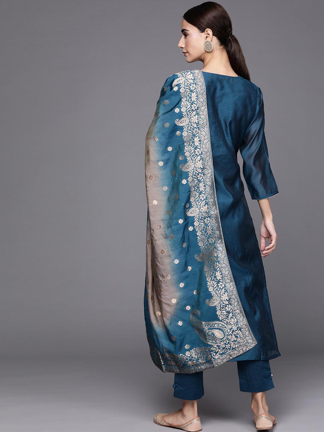 Blue Embroidered Chanderi Silk Suit Set