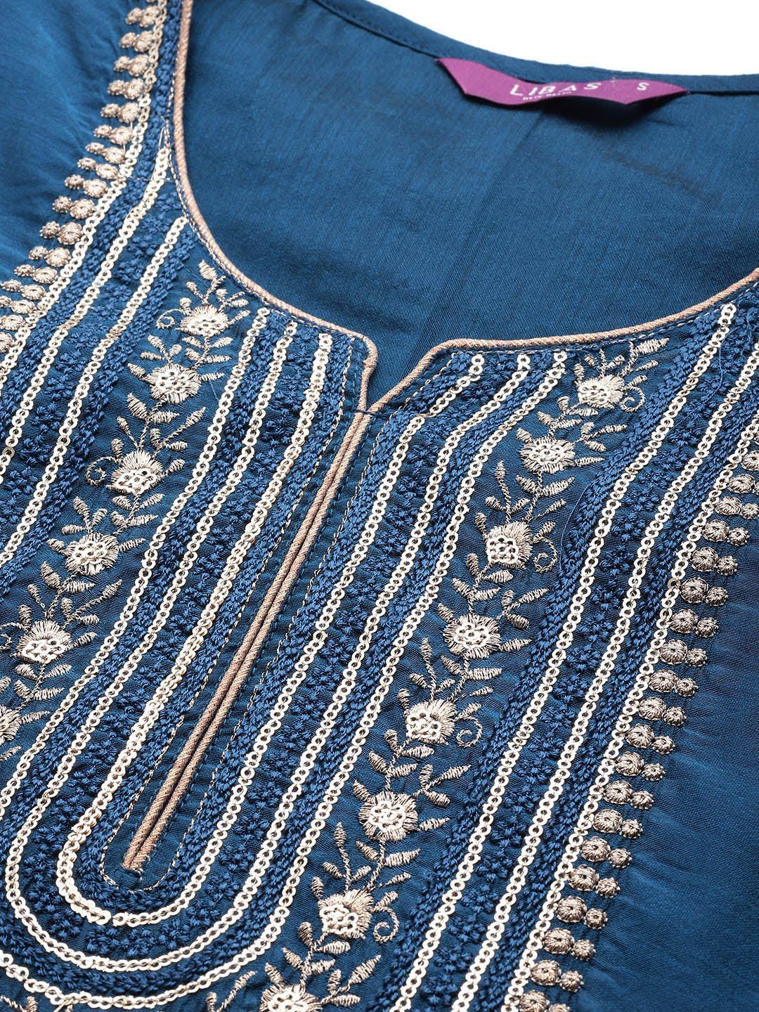 Blue Embroidered Chanderi Silk Suit Set