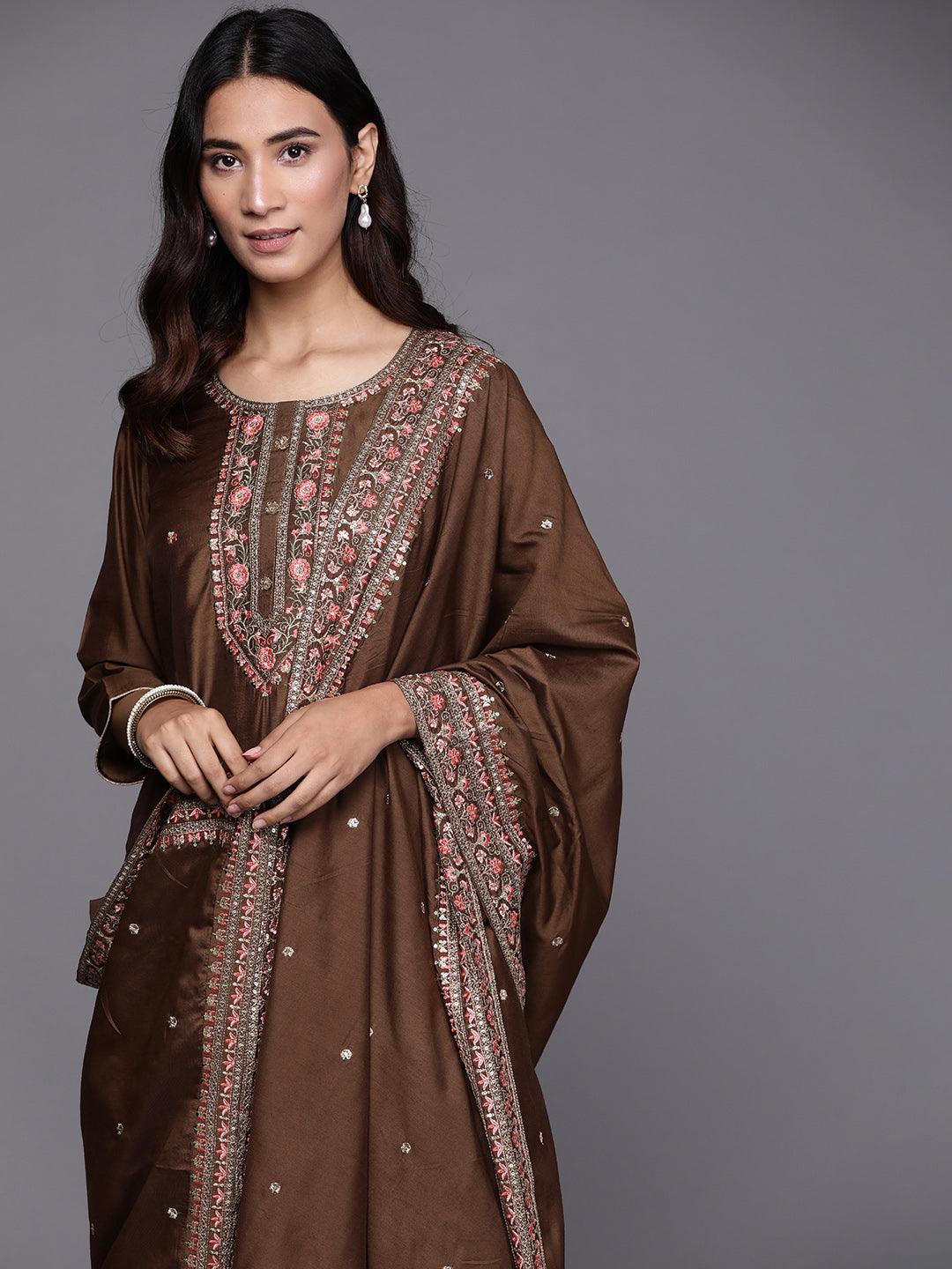 Brown Embroidered Chanderi Silk Suit Set