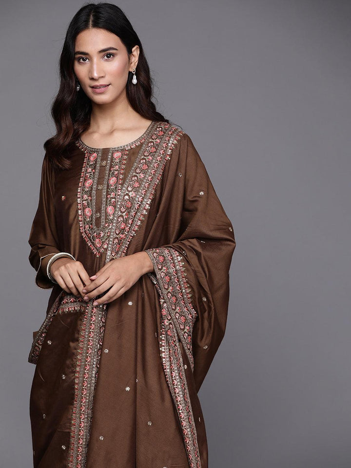 Brown Embroidered Chanderi Silk Suit Set - ShopLibas