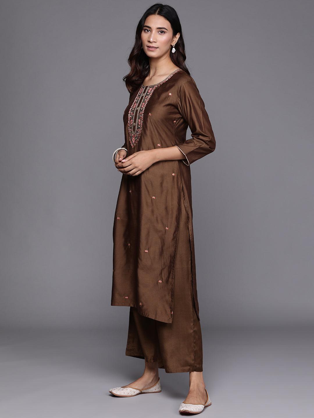 Brown Embroidered Chanderi Silk Suit Set