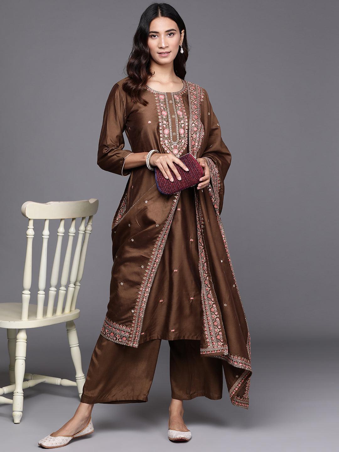 Brown Embroidered Chanderi Silk Suit Set