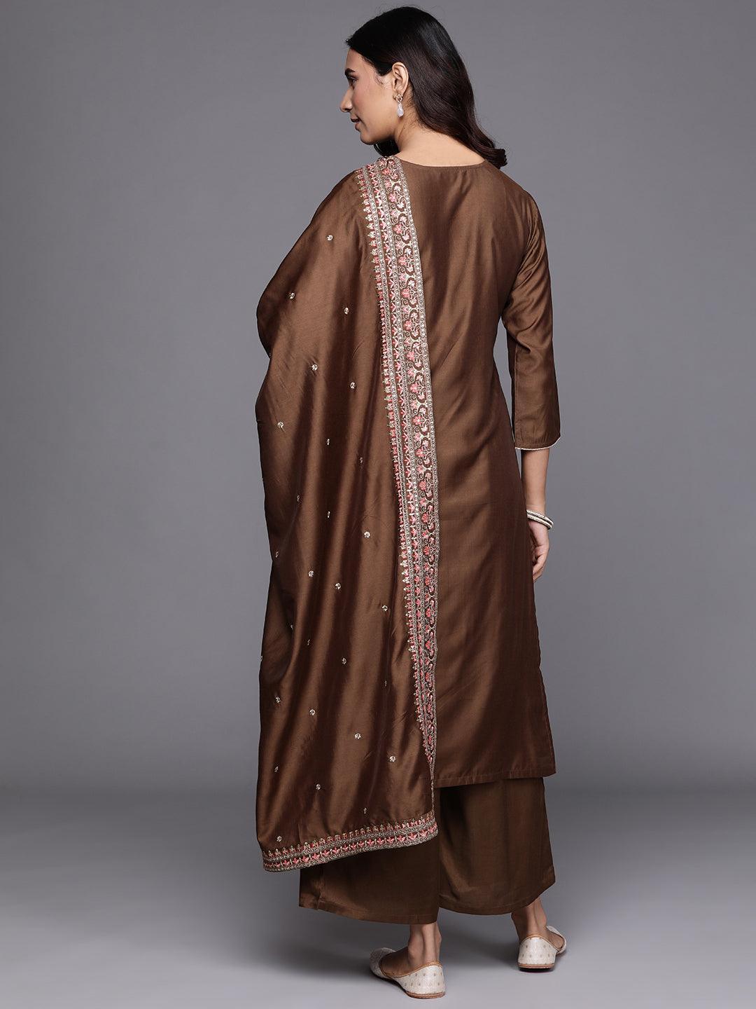 Brown Embroidered Chanderi Silk Suit Set