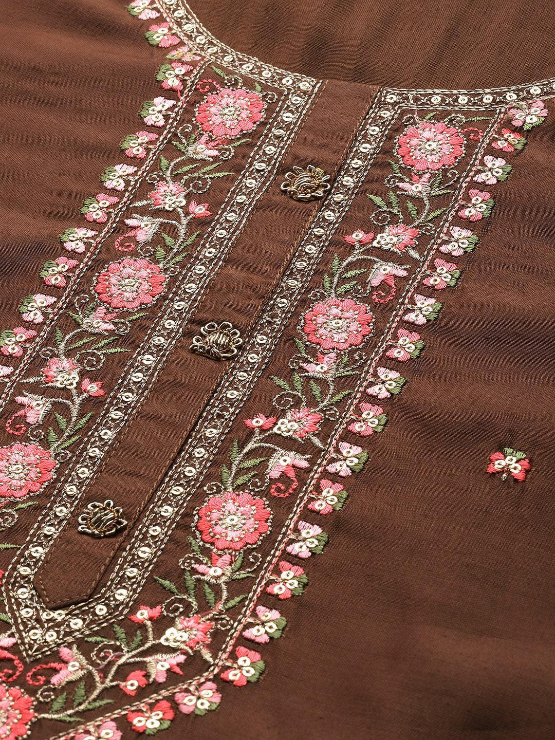 Brown Embroidered Chanderi Silk Suit Set