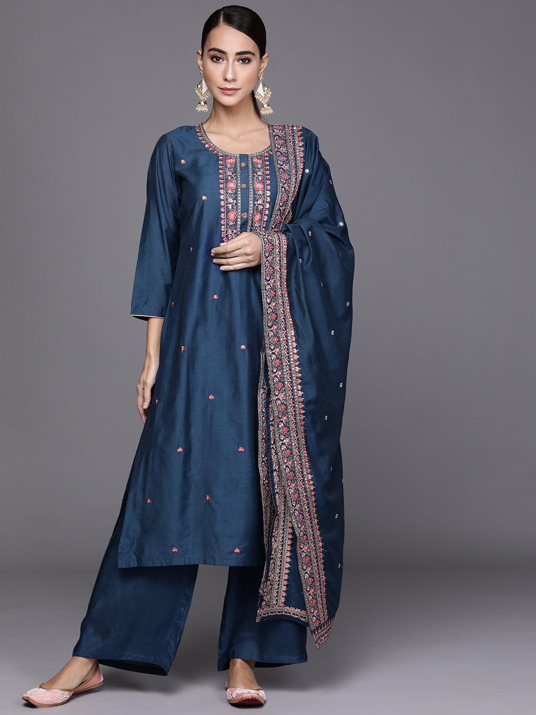 Blue Embroidered Chanderi Silk Suit Set