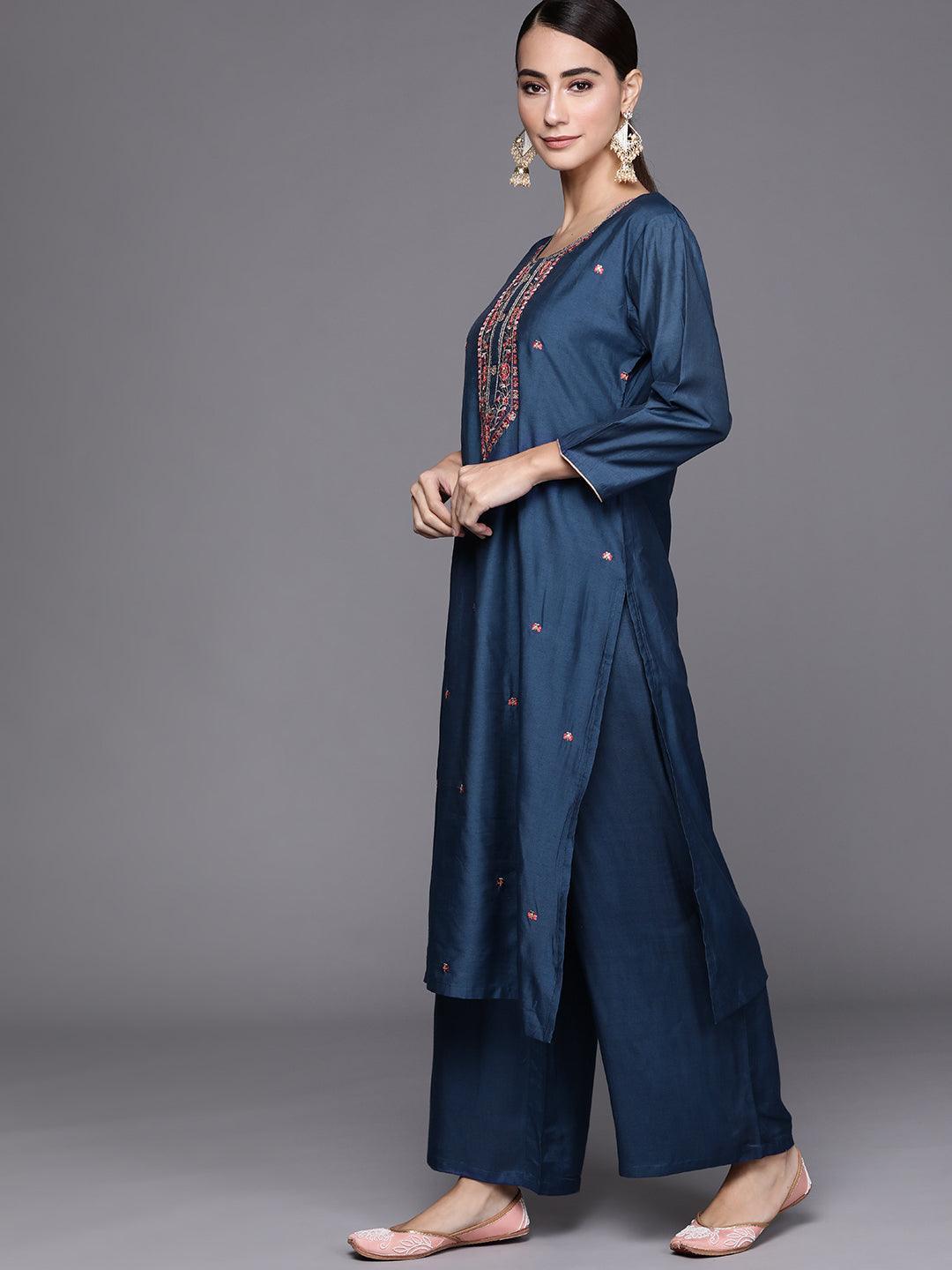 Blue Embroidered Chanderi Silk Suit Set