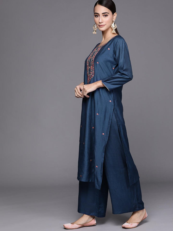 Blue Embroidered Chanderi Silk Suit Set - ShopLibas