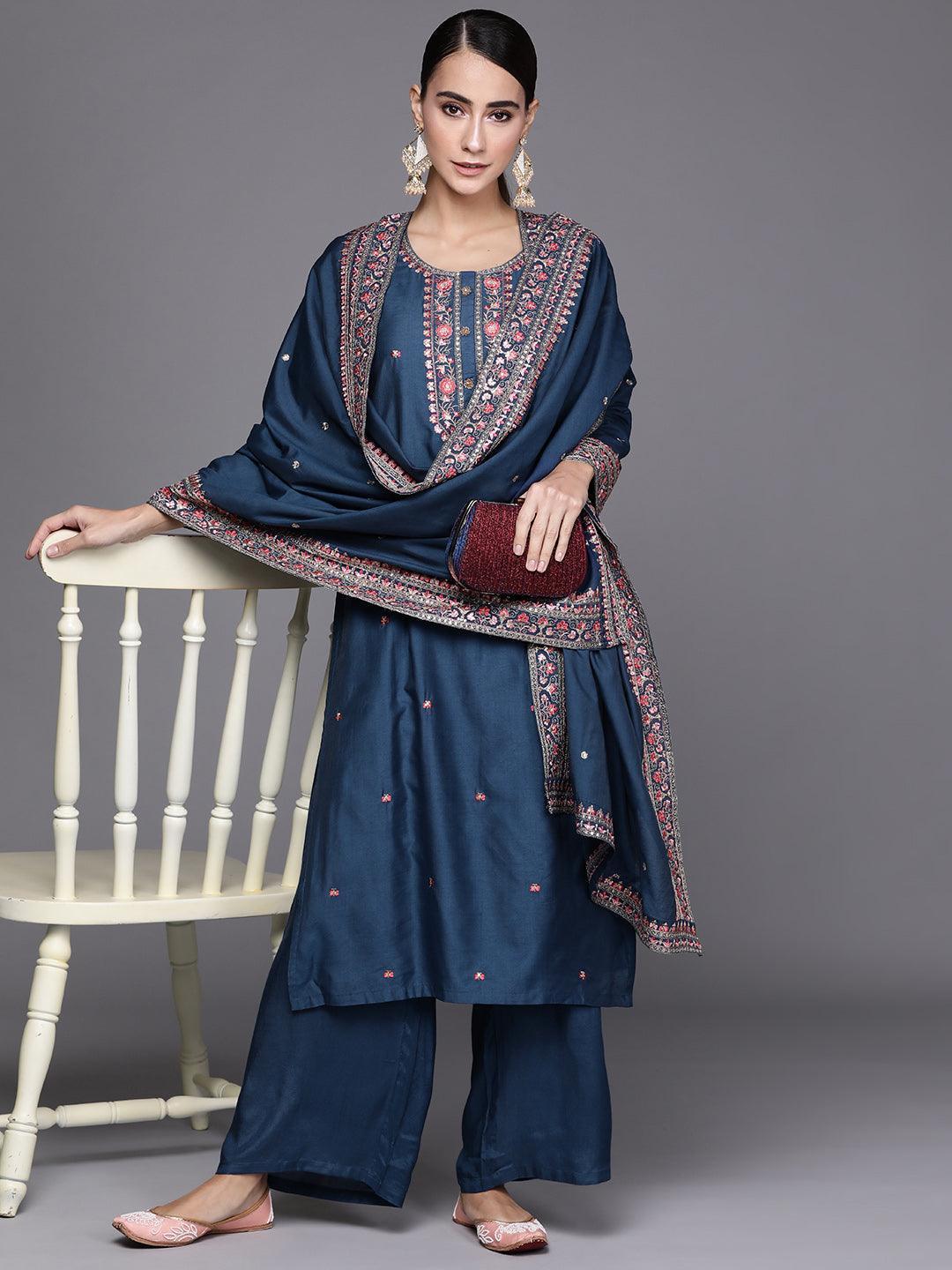 Blue Embroidered Chanderi Silk Suit Set