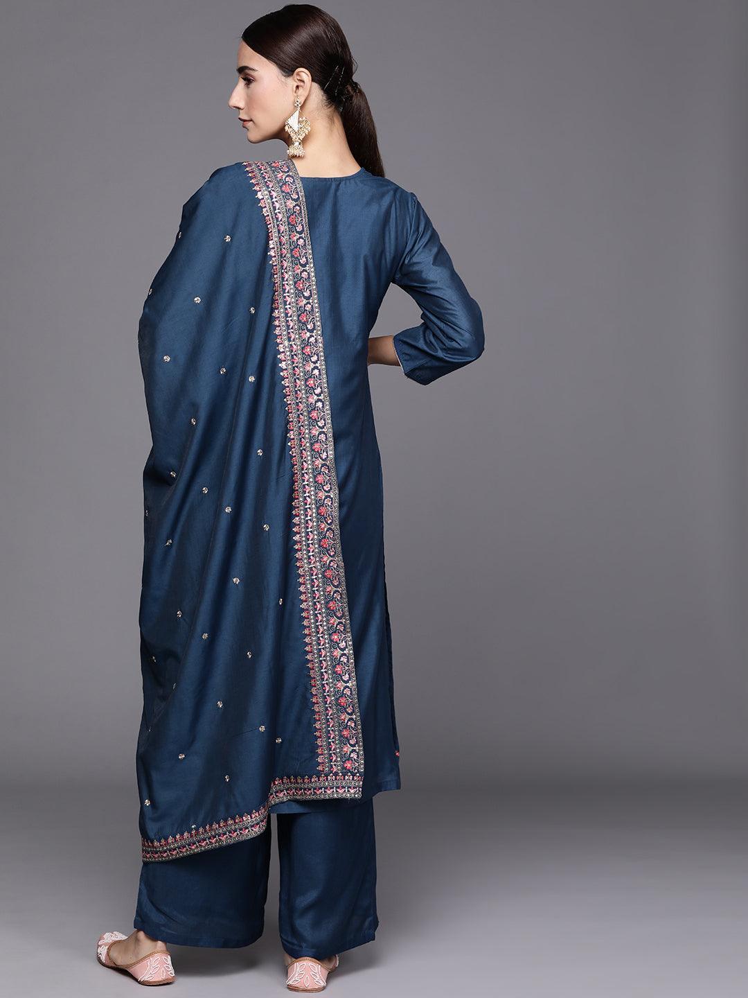 Blue Embroidered Chanderi Silk Suit Set