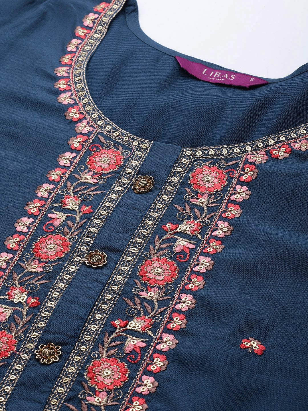 Blue Embroidered Chanderi Silk Suit Set