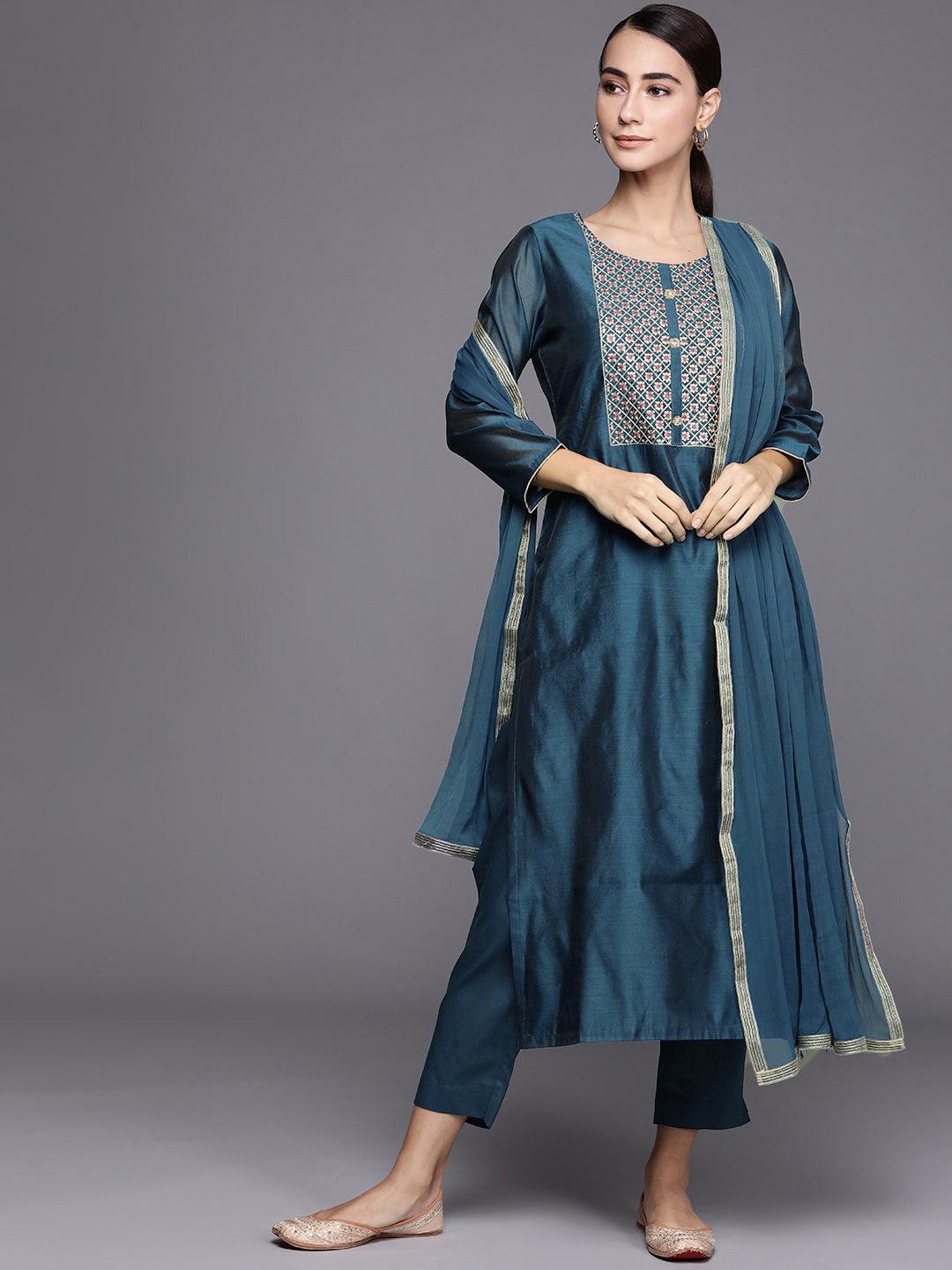 Teal Embroidered Chanderi Silk Suit Set