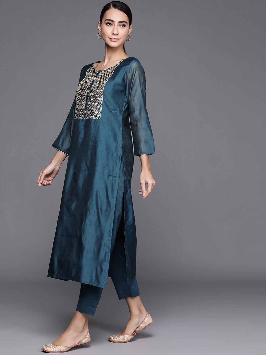 Teal Embroidered Chanderi Silk Suit Set