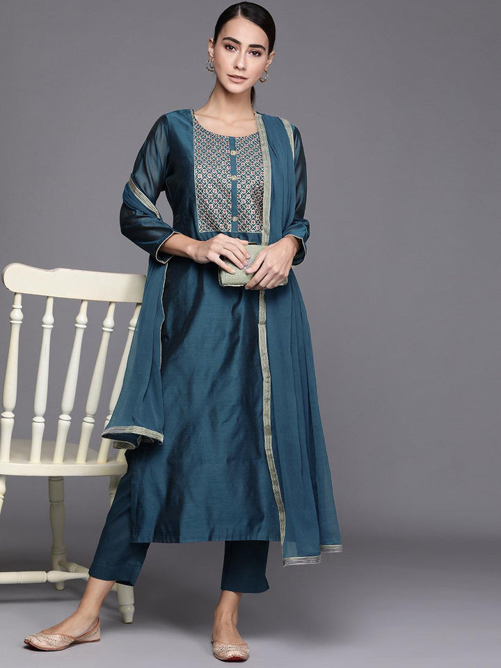 Teal Embroidered Chanderi Silk Suit Set - ShopLibas