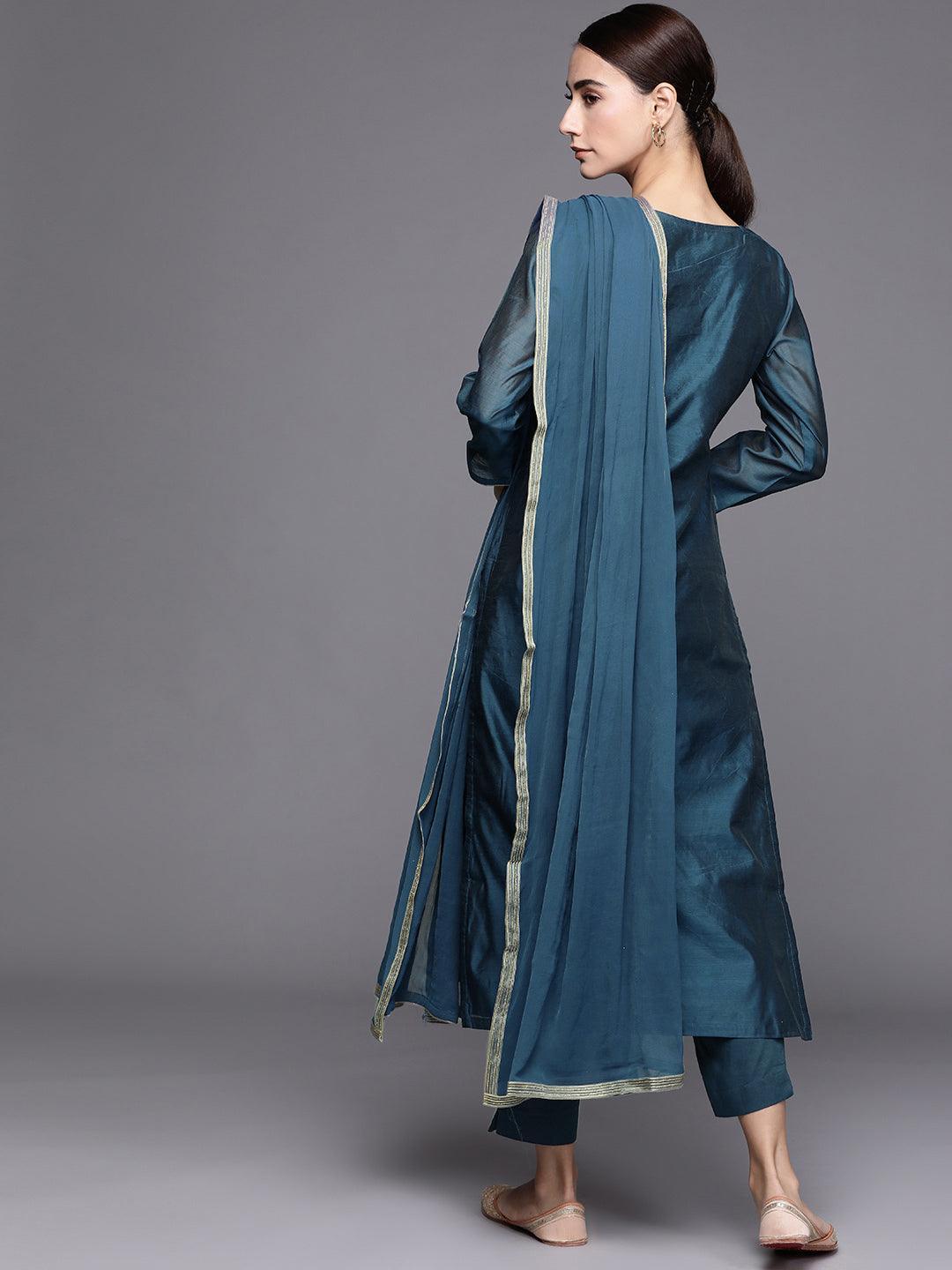 Teal Embroidered Chanderi Silk Suit Set