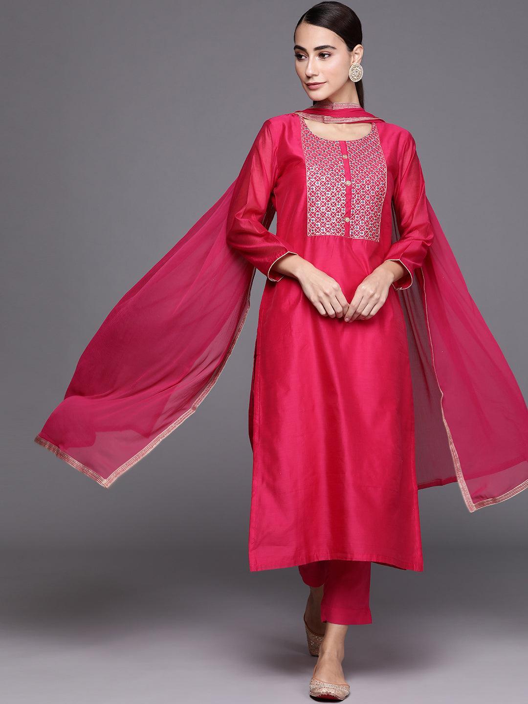 Pink Embroidered Chanderi Silk Suit Set