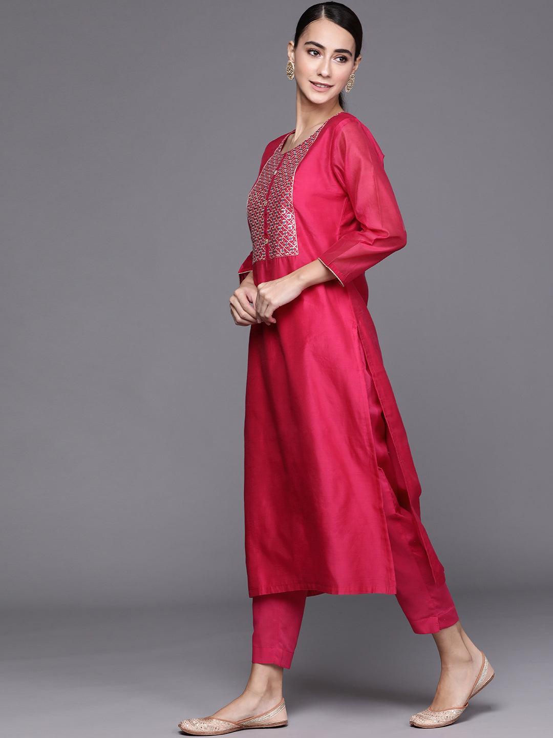 Pink Embroidered Chanderi Silk Suit Set