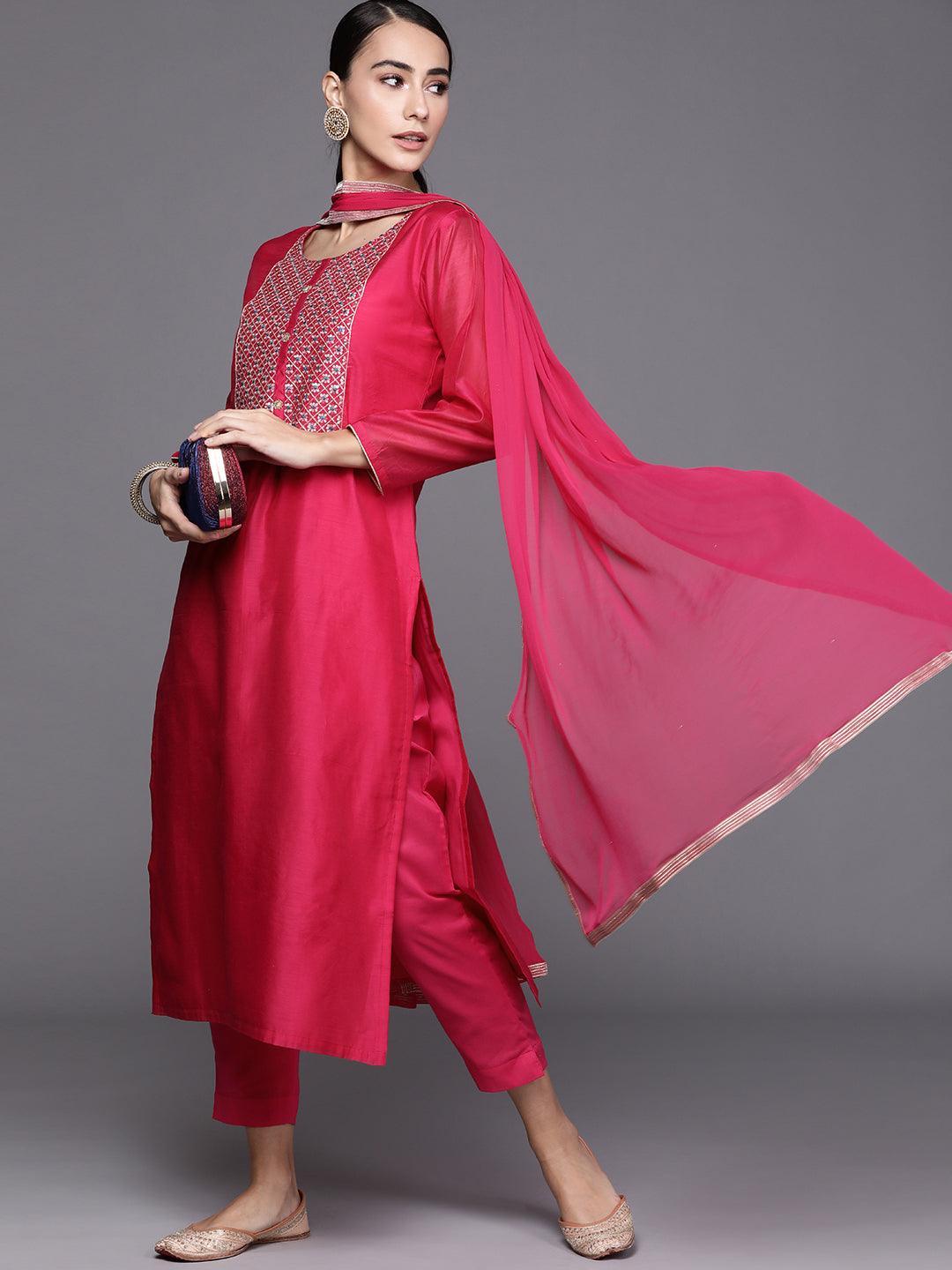 Pink Embroidered Chanderi Silk Suit Set