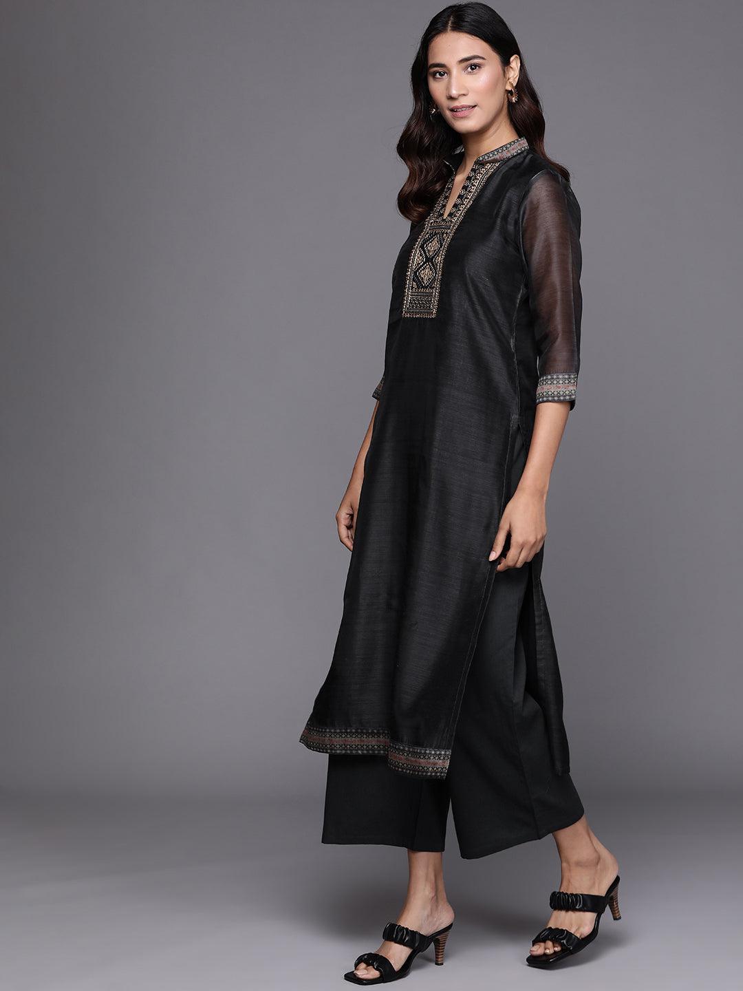 Black Solid Silk Blend Suit Set