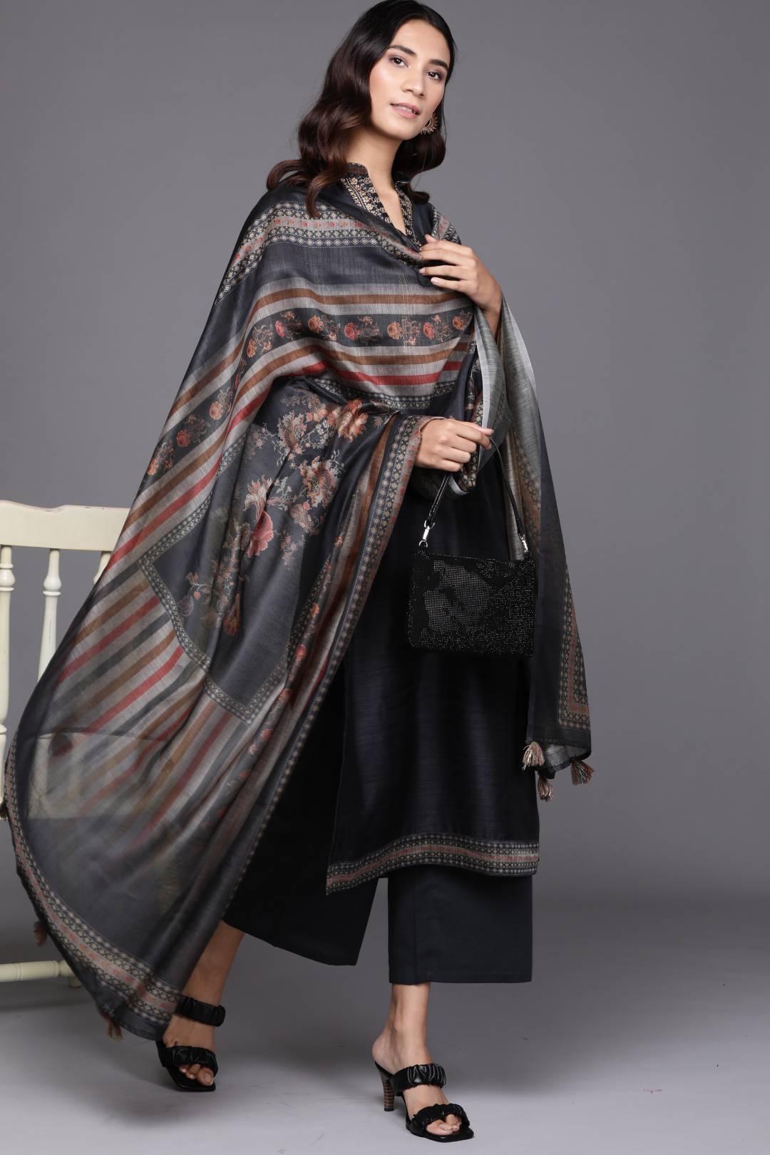 Black Solid Silk Blend Suit Set - ShopLibas