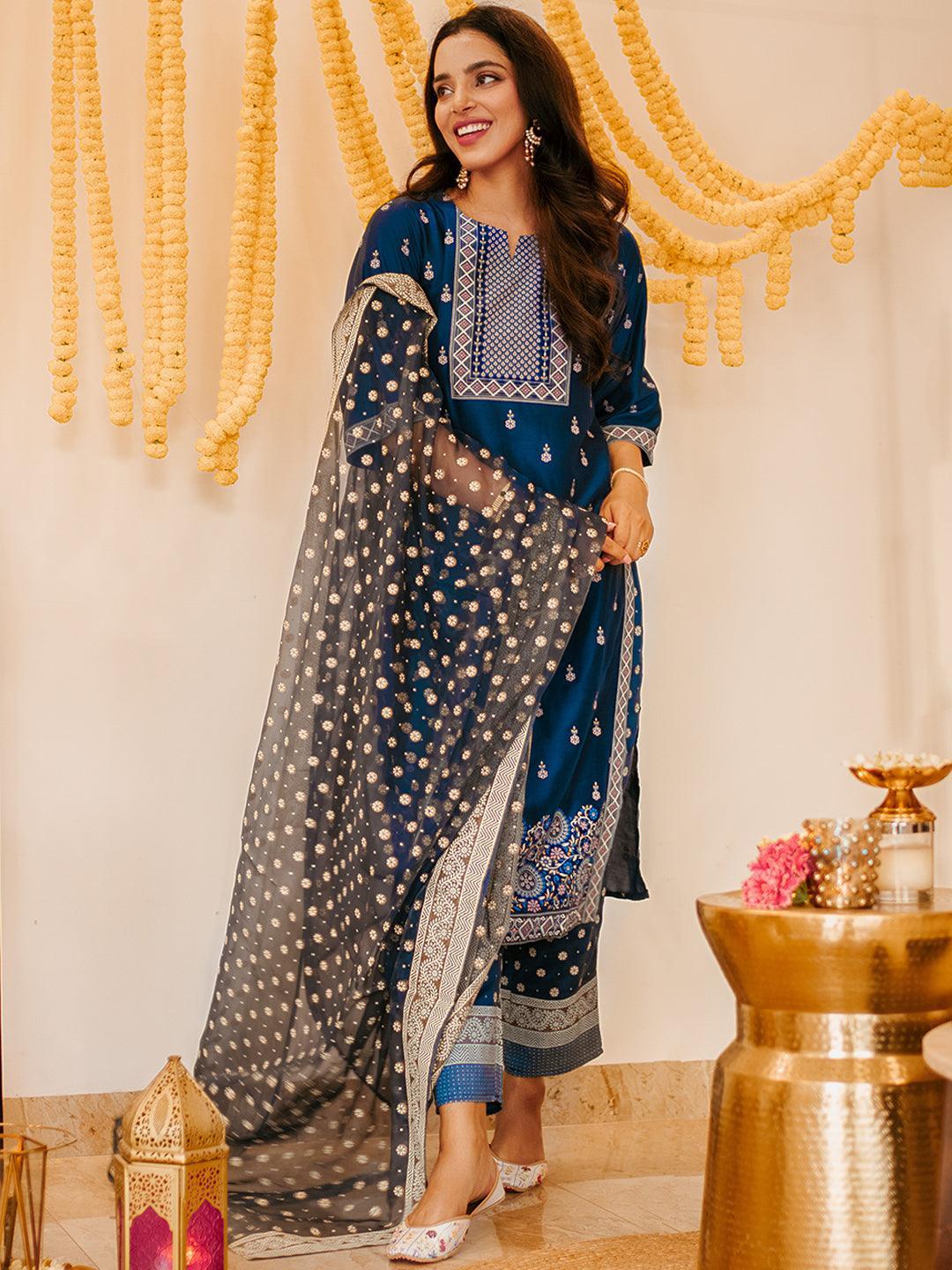 Blue Printed Silk Blend Suit Set