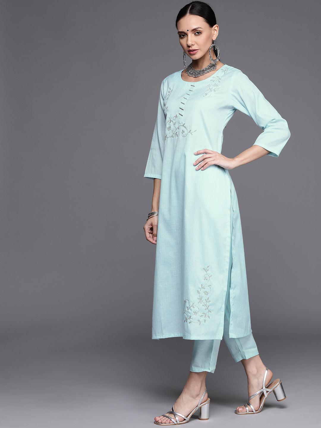 Blue Embroidered Pure Cotton Suit Set