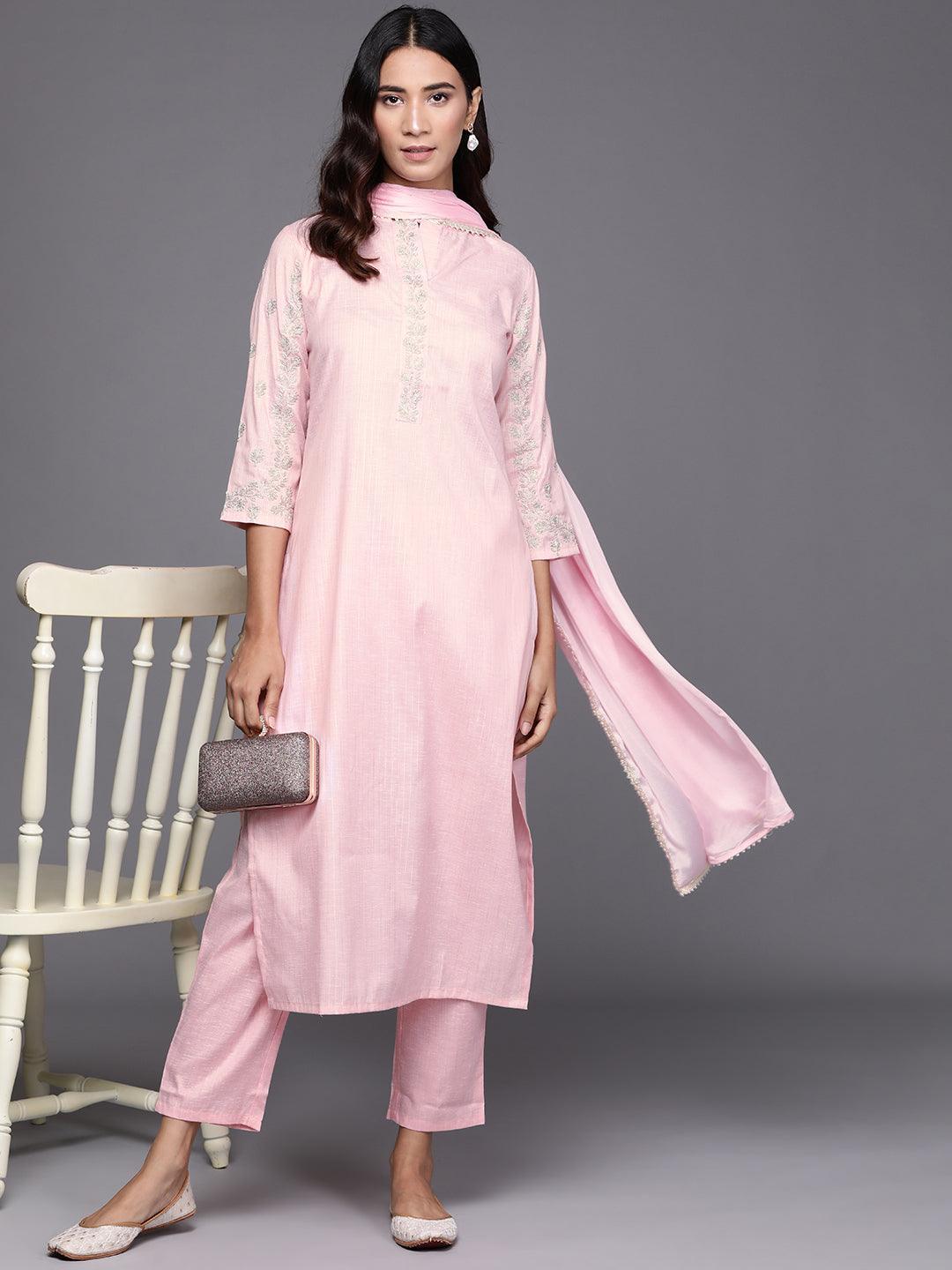 Pink Embroidered Pure Cotton Suit Set